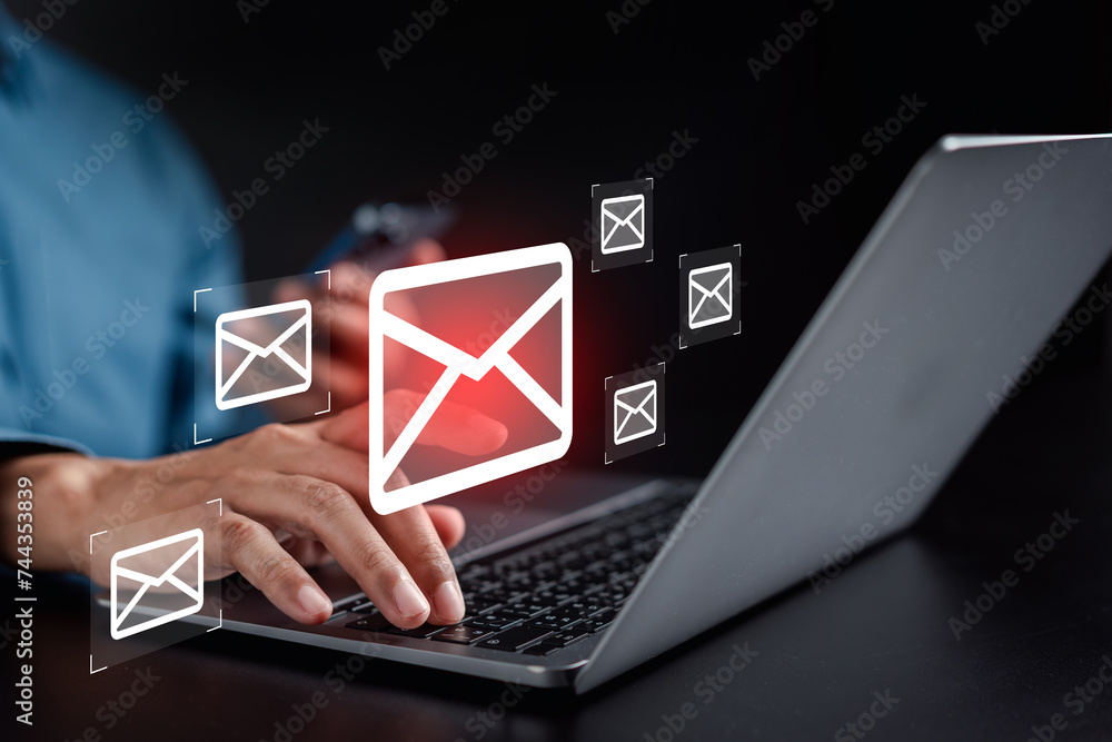 Poster Alert Email inbox and spam virus with warning caution for notification on internet letter security protect, junk and trash mail and compromised information.