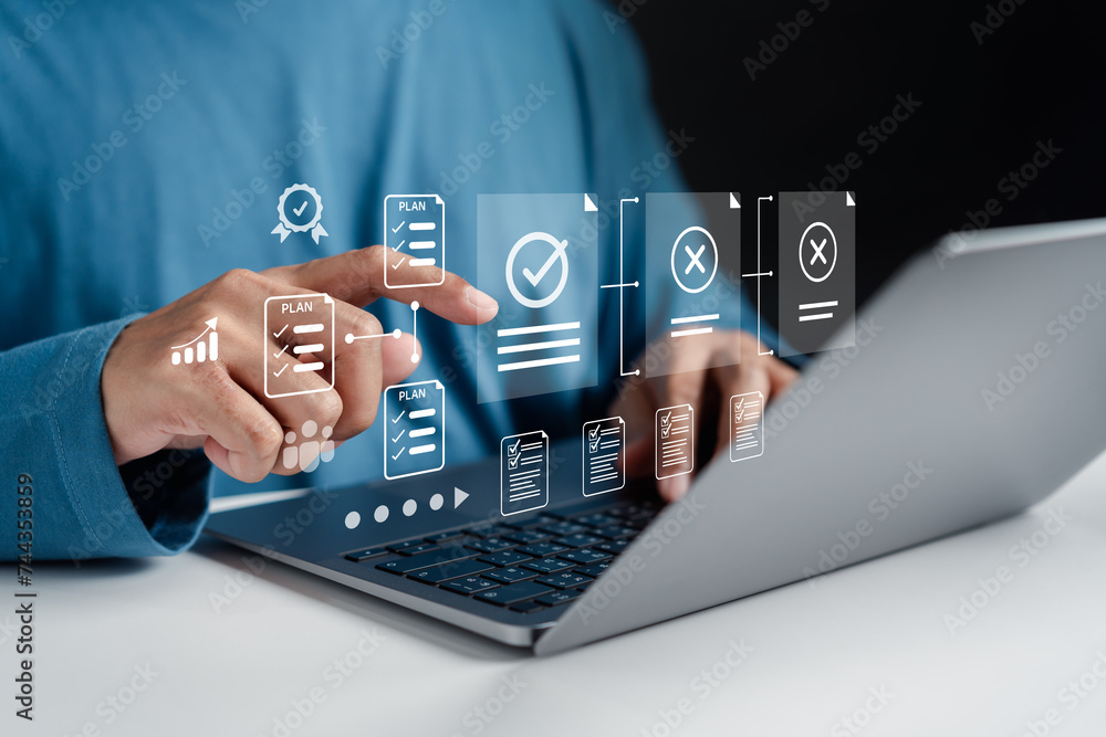Leinwandbilder Quality Certificate and Checklist document inspecting target marketing planning assignment with quality management. Standardization, certification. Compliance to regulations service and standards.