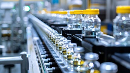 Exquisite glass vials line the conveyor belt as they are filled and labeled by an advanced labeling machine showcasing the seamless integration of technology in the packaging