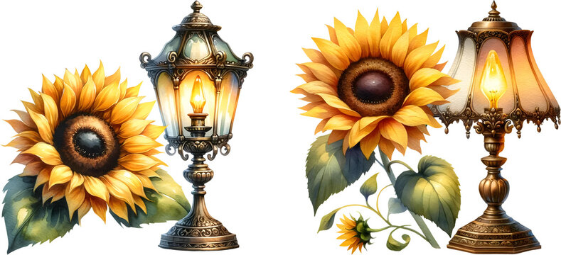 Watercolor of sunflower blooming with lamp