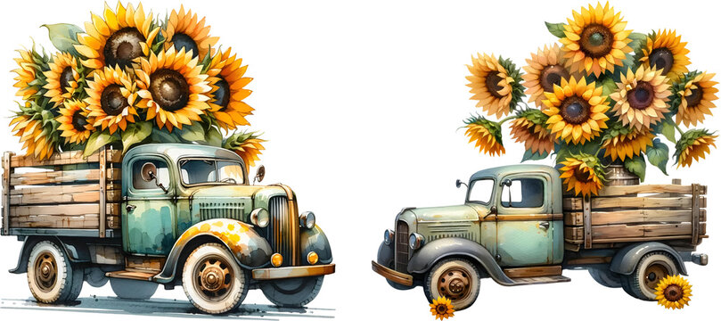 Watercolor of sunflower blooming with truck