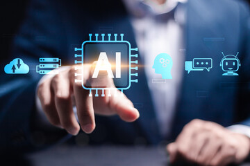 AI technology concept. Big data network connection by use artificial intelligence technology. Person touching artificial intelligence icon with AI tools icon on virtual screen.
