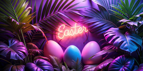 Neon eggs in tropical Easter scene - an Easter banner