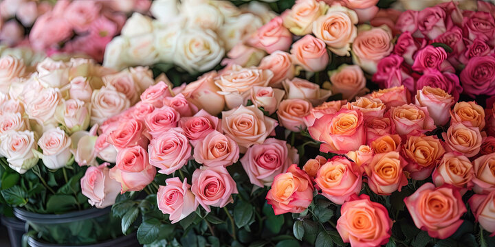 A display of assorted roses in various shades of pink
