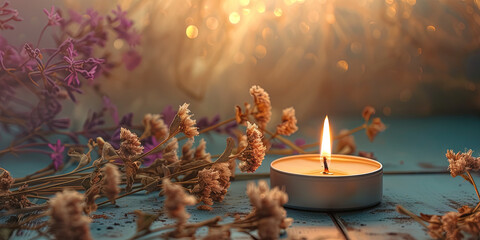Aroma therapy candle with warm candlelight and dried plants - obrazy, fototapety, plakaty