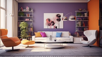 A modern retro living room concept with violet accent walls, sleek white furniture, and pops of color from retro-inspired accent pieces, adding a playful and vibrant touch to the space.