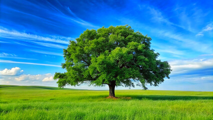 Fototapeta na wymiar Tree in green field under blue sky