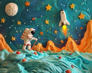 Naklejka premium A lively plasticine depiction of an astronaut exploring moon craters with a creatively modeled space shuttle and stars