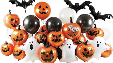 A variety of festive balloons in the shape of pumpkins ghosts and bats to add a playful touch to any Halloween celebration.