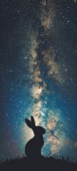Fototapeta na wymiar A majestic rabbit silhouette standing on the moon with a distant view of the Milky Way galaxy illuminating the scene
