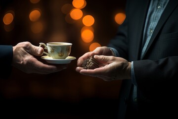 a man in a suit is giving a cup of coffee to another man