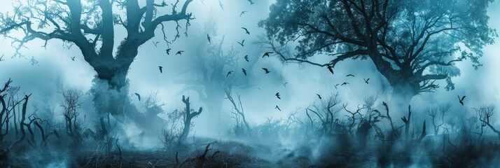 A warlocks enchantment scene in a fairy tale setting featuring mythical creatures amidst a mystical foggy forest - obrazy, fototapety, plakaty