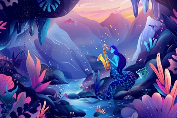 Abstract glacier noir mermaid playing saxophone near coral reef