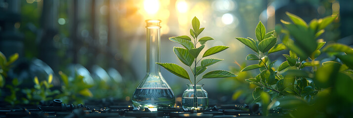 A small plant in a vase ,
green plant in a glass jar in a laboratory - obrazy, fototapety, plakaty