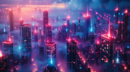 A futuristic cityscape of neon lights and skyscrapers