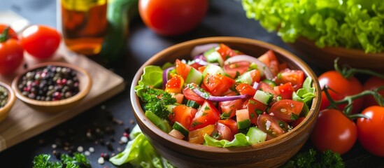 Fototapeta na wymiar Fresh and delicious salad bowl with cherry tomatoes, red onions, and crisp lettuce leaves for healthy eating