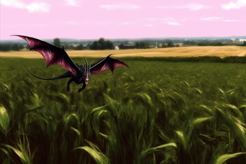 A mythical bird soars above a wheat field in a natural landscape