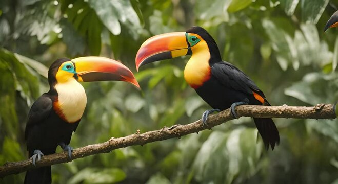Two male and female tropical toucan birds