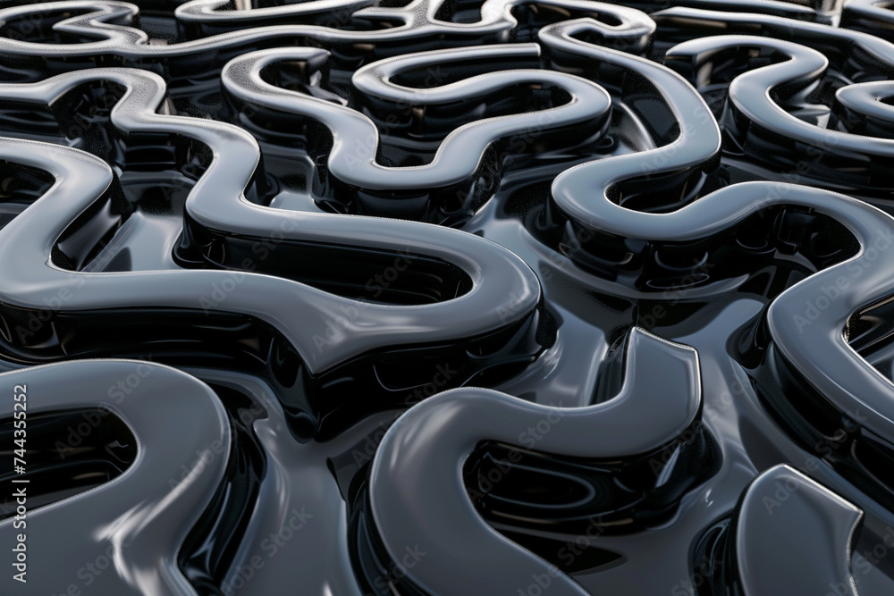 Poster 3d render of a black liquid labyrinth its walls shifting and flowing trapping light within