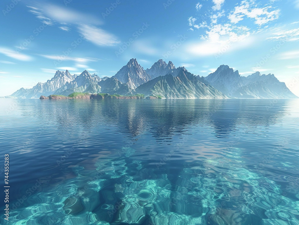 Poster 3d render of a calm ocean with crystal clear water and underwater mountains visible from the surface