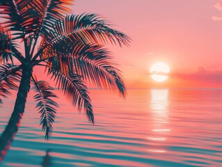 Electric 80s retro style tropical beach sunset with palm shadows nostalgic vaporwave aesthetic