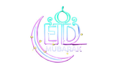 3d render Eid Mubarak typography gradient neon with islamic decoration on transparent background 