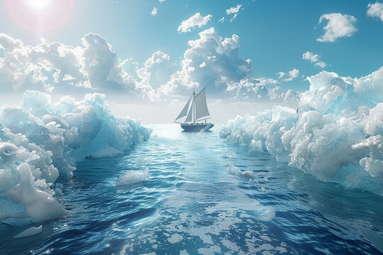 A sailboat amidst oceanic clouds in a serene 3D seascape