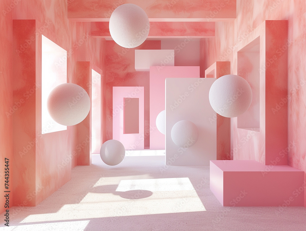 Poster 3d render of a corridor with a minimalist theme of floating geometric shapes