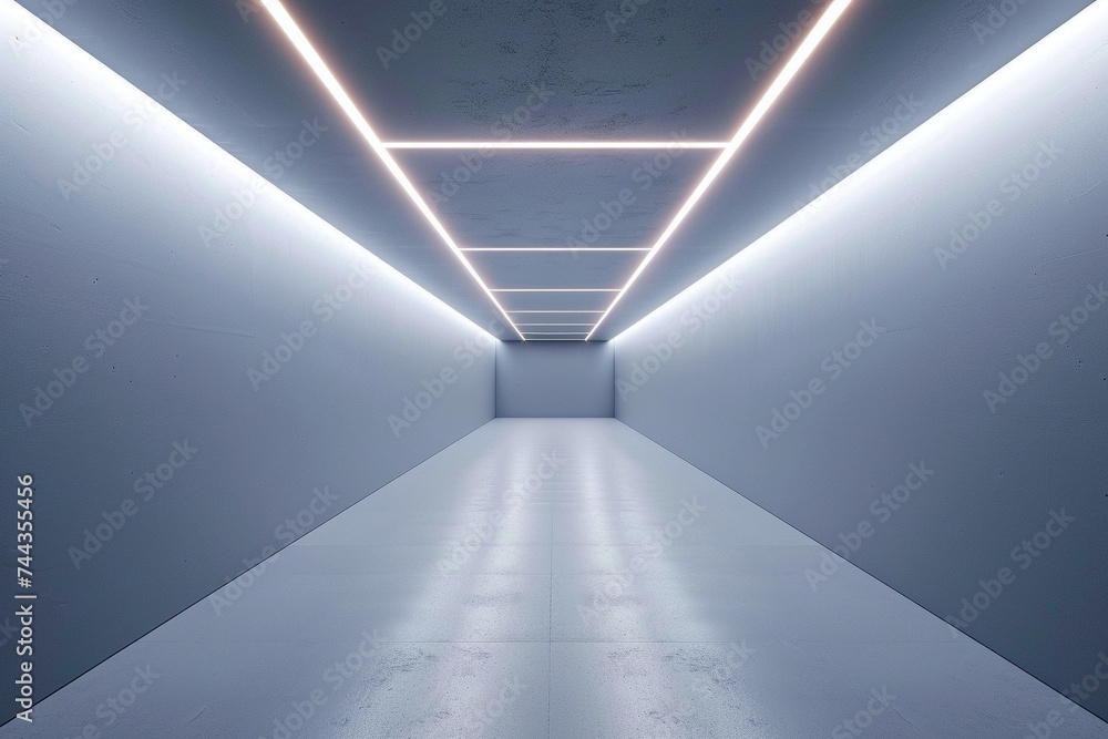 Poster 3d render of a corridor with a minimalistic light strip running along the ceiling