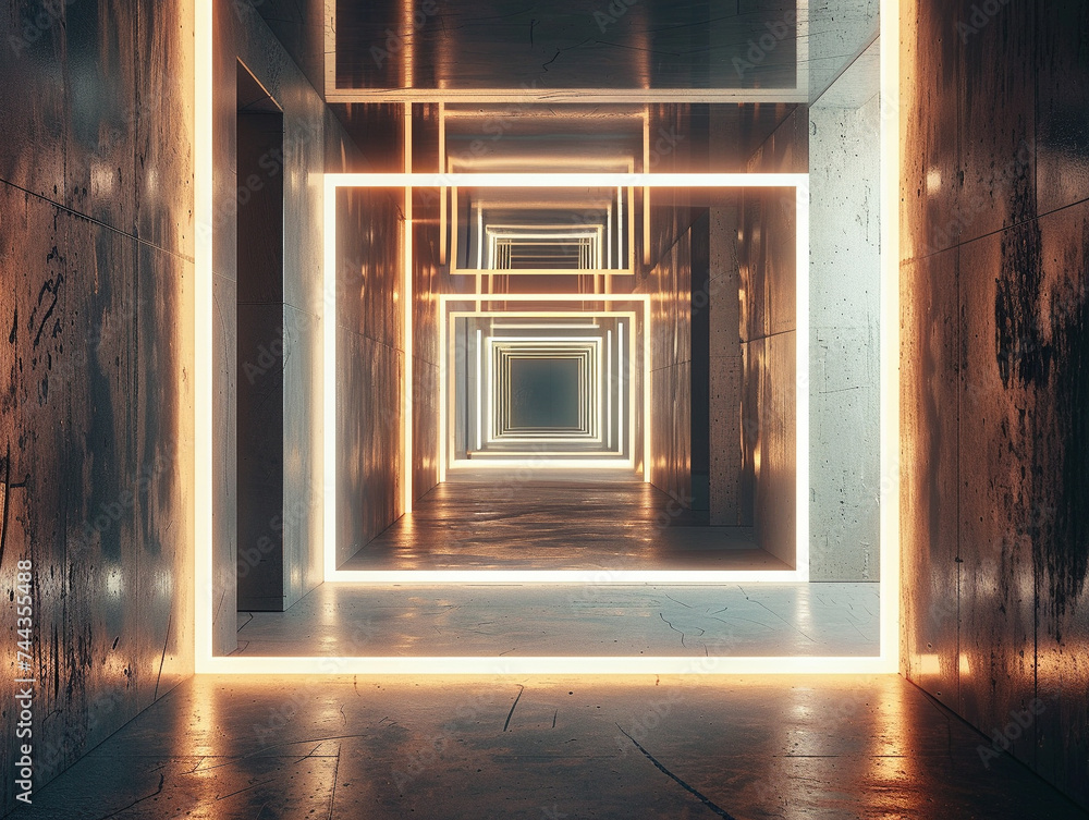 Poster 3d render of a corridor with a series of simple geometric light installations