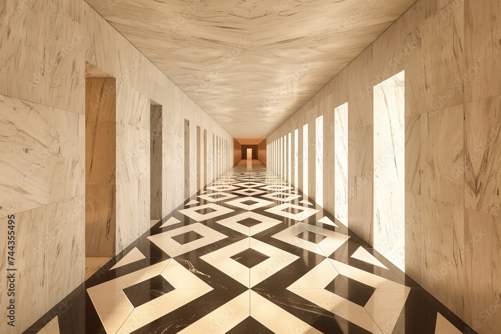 Poster 3d render of a corridor with a repeating minimalist diamond pattern