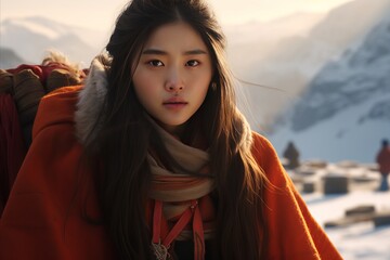 A happy woman with long black hair and orange cape standing in snowy landscape