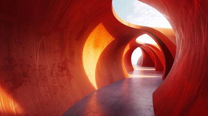 3d render of a corridor with a minimalist abstract form that twists and turns