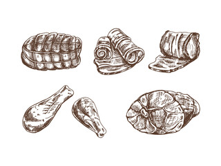 A set of hand-drawn sketches of meat pieces, beef steak, ham, pork, chicken. Fresh raw meat products. For design of menu for restaurants, butcher shop. Vintage engraved.