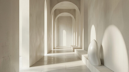 3d render of a corridor with a minimalist sculptural form as the focal point