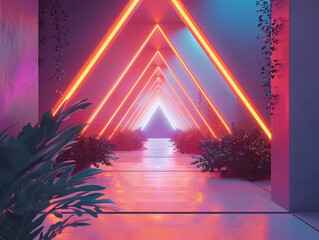 3d render of a corridor with a series of minimal backlit geometric shapes