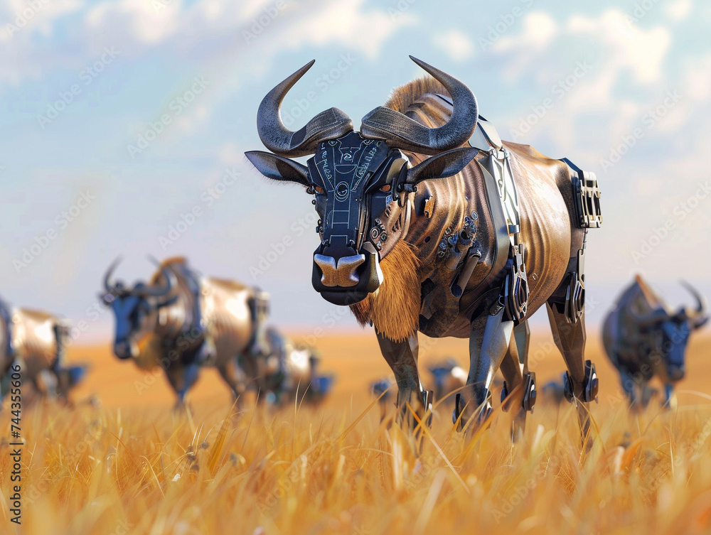 Poster 3d render of a cyber enhanced wildebeest with herd coordination ai in a virtual savanna