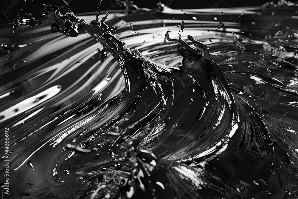 Poster 3d render of a dark fluid stream bifurcating around a series of abstract obstacles