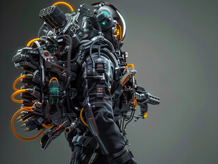 3d render of a cybernetic exoskeleton suit equipped with an array of built in weapons - obrazy, fototapety, plakaty