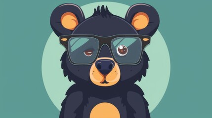 Illustration in flat style, A cute little bear wearing glasses posed against a studio background