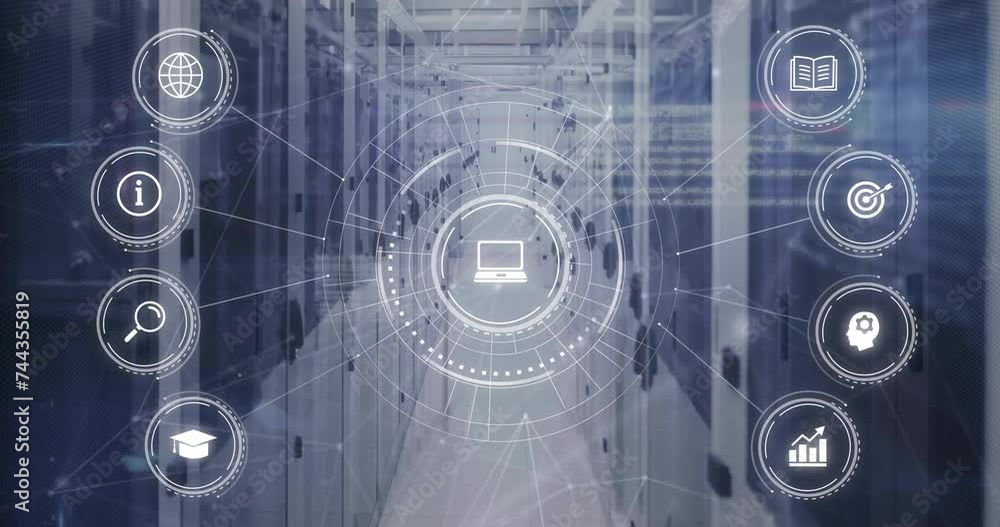 Poster animation of data processing and network of connections with icons over computer servers