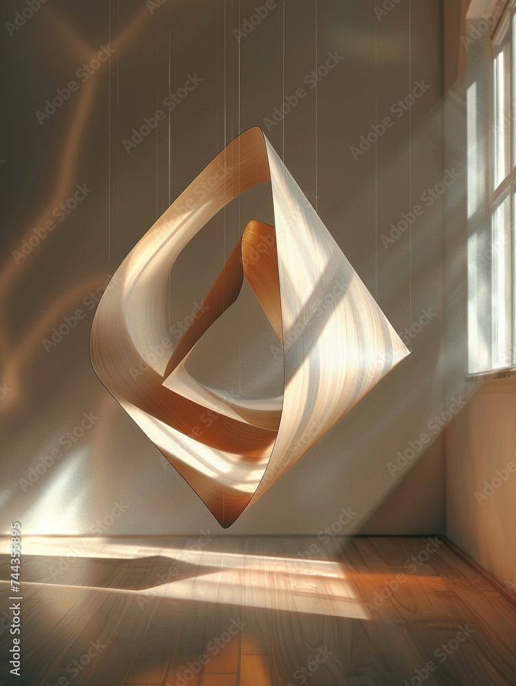 Poster 3d render of a floating geometric sculpture that casts ever changing shadows as it moves