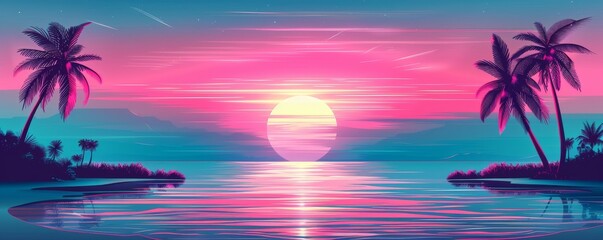 Fototapeta na wymiar Nostalgic 80s vibe tropical sunset with neon palm trees serene beach atmosphere