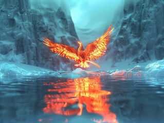 3d render of a fiery phoenix rising from an icy landscape melting snow in its wake