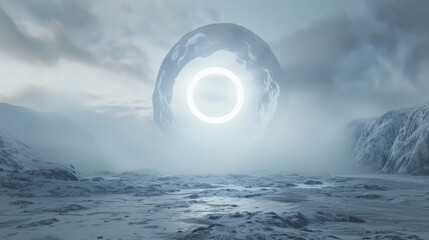 3d render of a floating ethereal portal in a stark snowy landscape under a grey sky