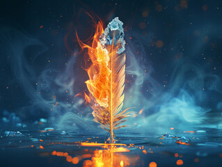 3d render of a feather that burns with fire at its base and crystallizes into ice at its tip