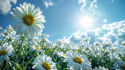 Daisies bloom in a sunny meadow, surrounded by lush green grass and under a clear blue sky, embodying the beauty of nature in spring or summer - obrazy, fototapety, plakaty