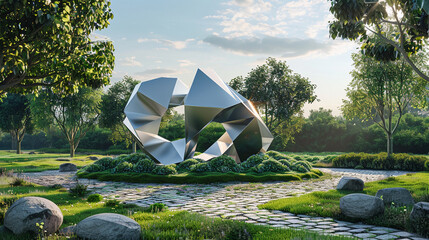 3d render of a geometric sculpture garden where each piece complements the natural landscape