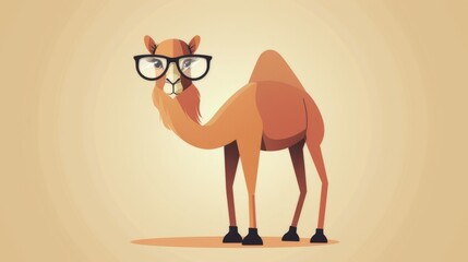 Illustration in flat style, A cute little camel wearing glasses posed against a studio background