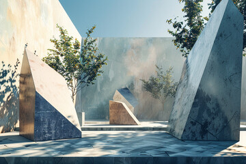 3d render of a geometric sculpture garden with shadows interplaying at noon